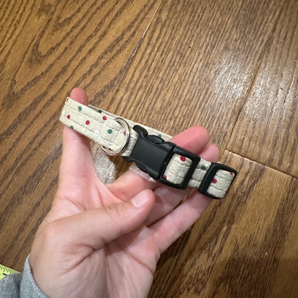 Handmade Christmas Beige Polka Dot Adjustable Dog Collar 8.5 inch- 12.5 inch M